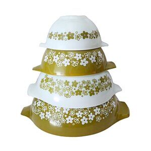 4 Vintage Pyrex Green Spring Blossom Crazy Daisy Cinderella Mixing Bowl Set